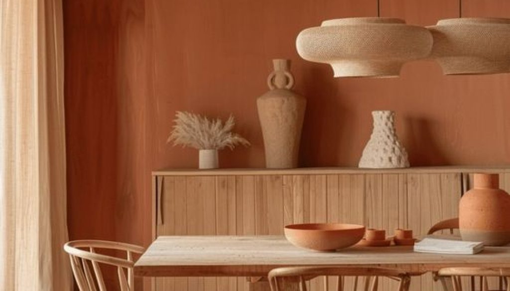 photo salle à manger bois et murs terracotta