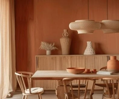 photo salle à manger bois et murs terracotta