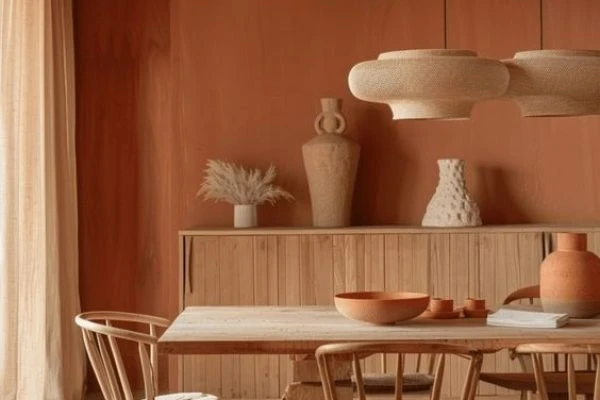 photo salle à manger bois et murs terracotta